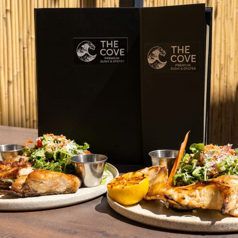 Two plates of grilled fish with roasted lemon, leafy salads, dipping cups, and The Cove Premium Sushi & Oyster menus against a bamboo backdrop.