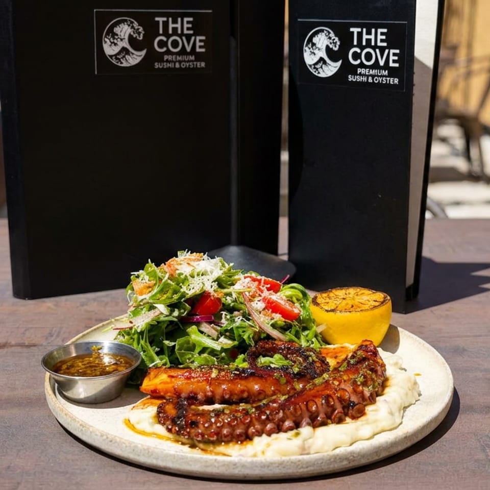 Grilled octopus with mashed potatoes, salad, lemon, and dipping sauce on a plate at The Cove Premium Sushi & Oyster.
